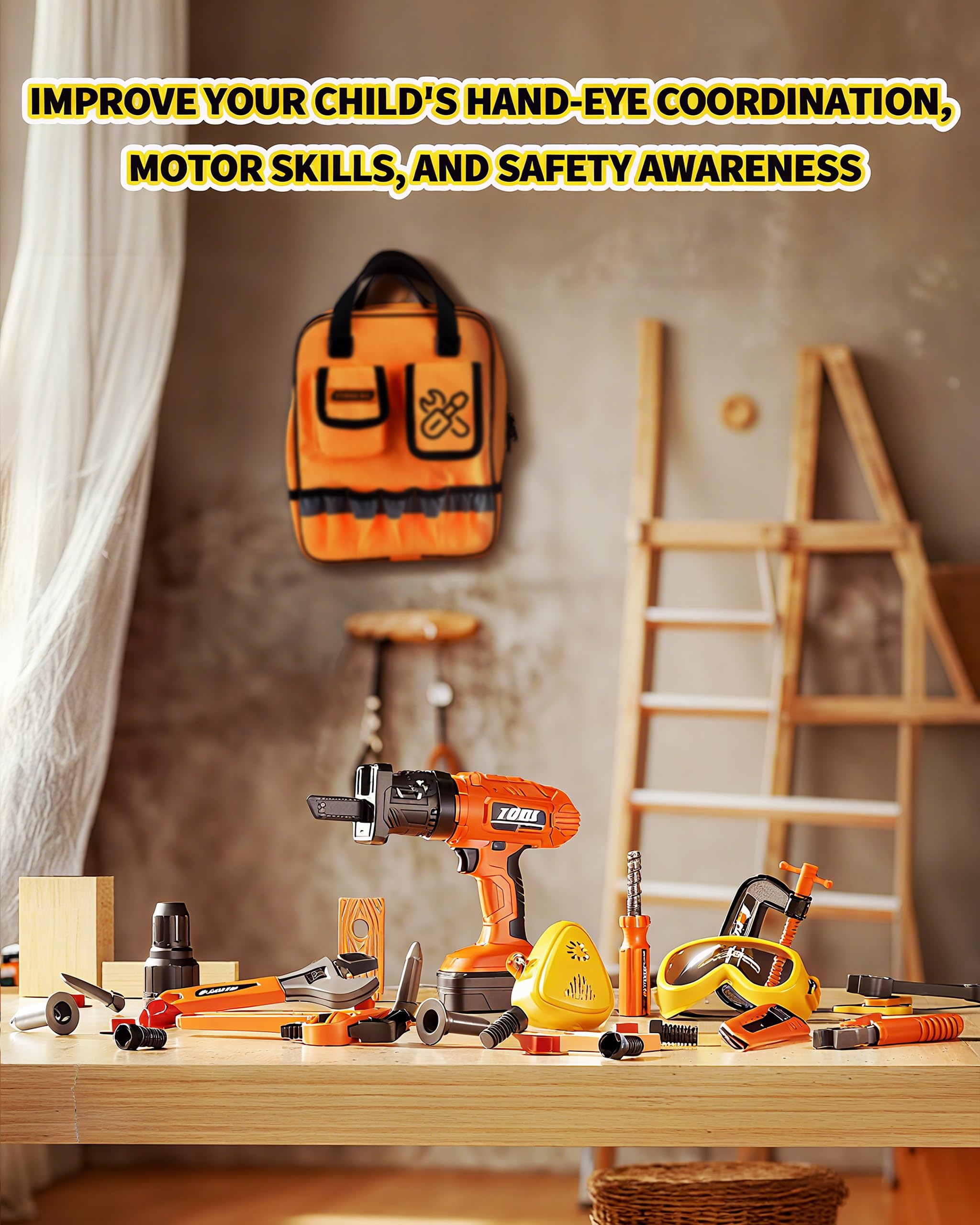 Eohemeral outdoor play scene with kids exploring construction basics.