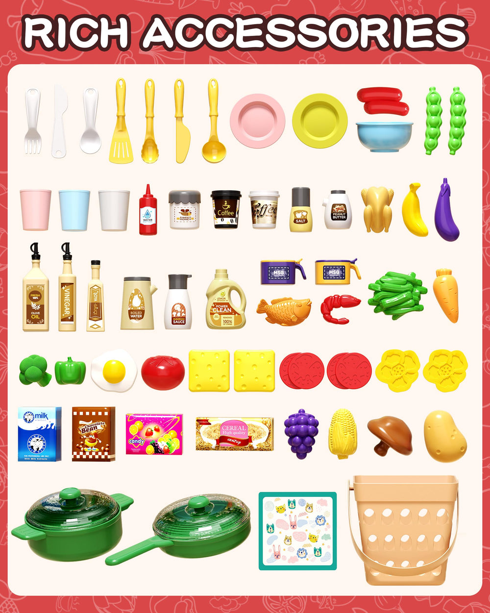 Eohemeral pink kitchen set helps kids learn colors and social play.
