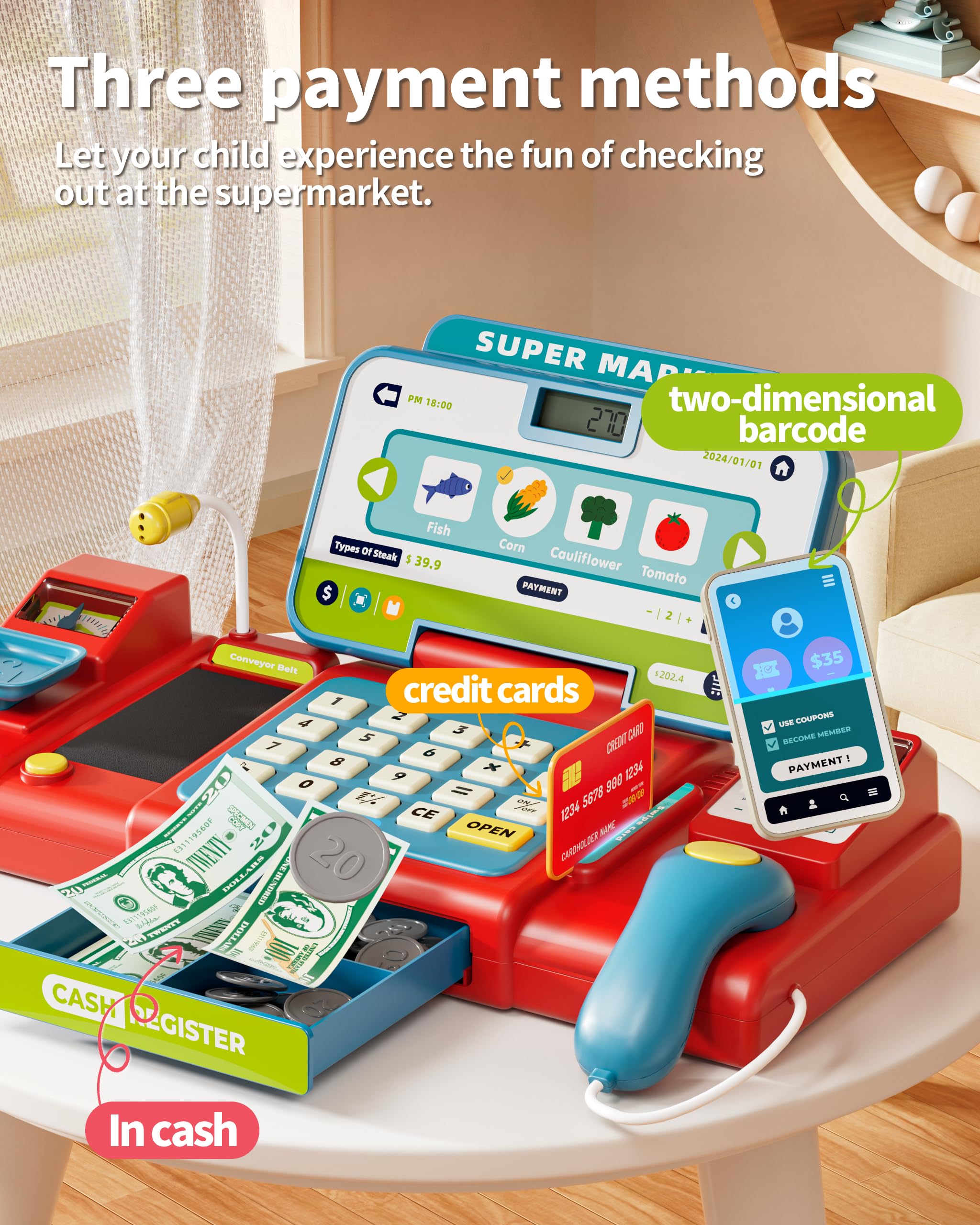 eohemeral 42-piece set with groceries, bills, coins and a basket for play scenarios