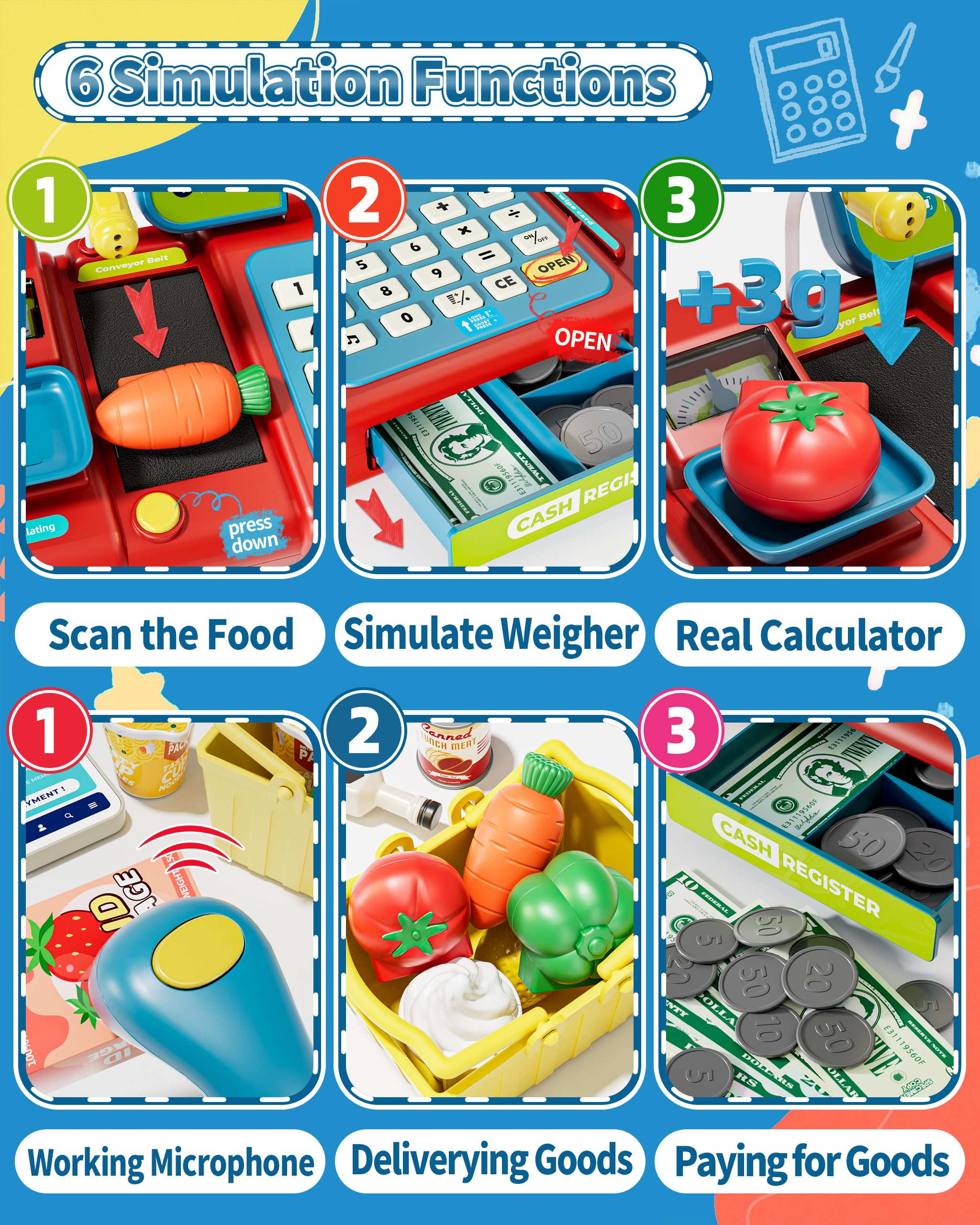 eohemeral play money and coins for currency recognition during pretend shopping