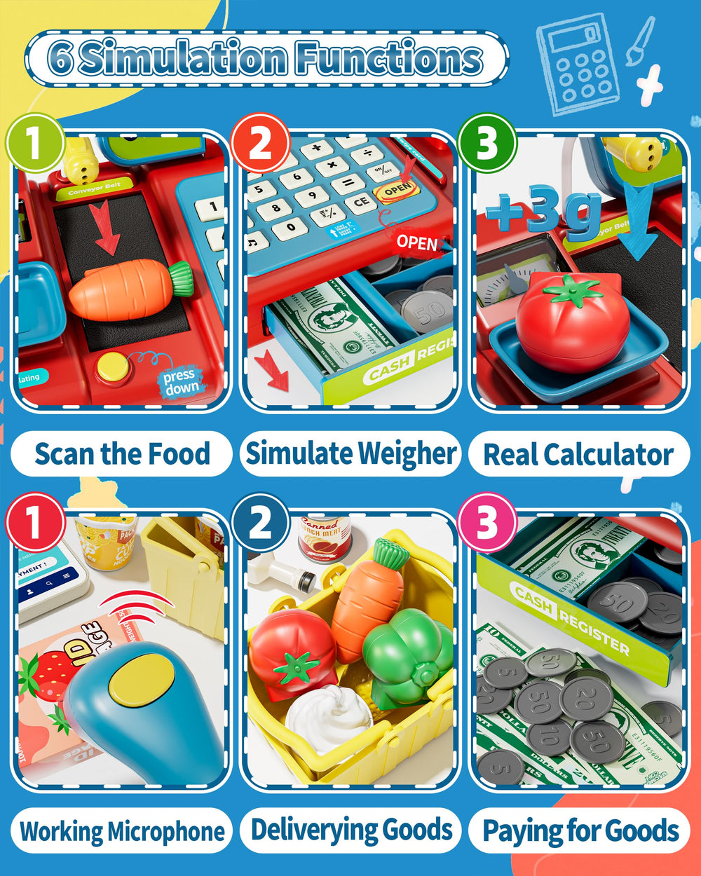 eohemeral play money and coins for currency recognition during pretend shopping