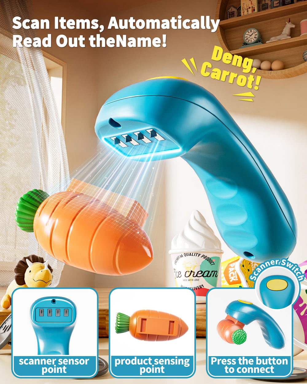 eohemeral pretend cash register scanner reads item names and prices