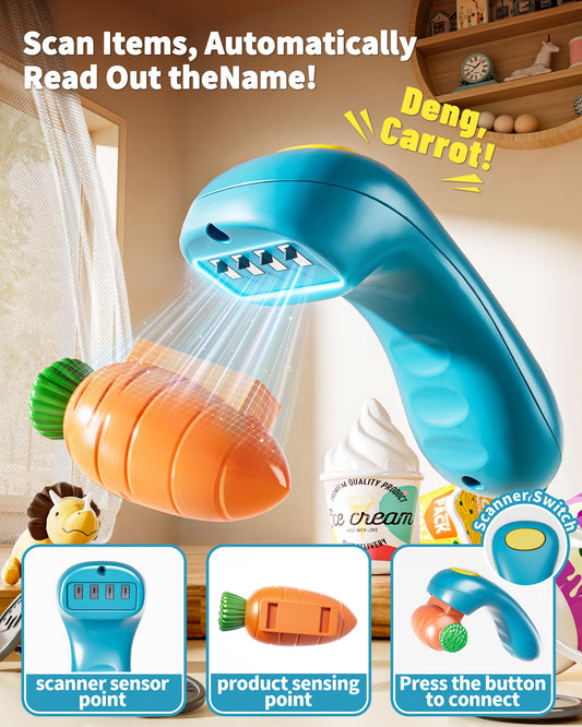 eohemeral pretend cash register scanner reads item names and prices
