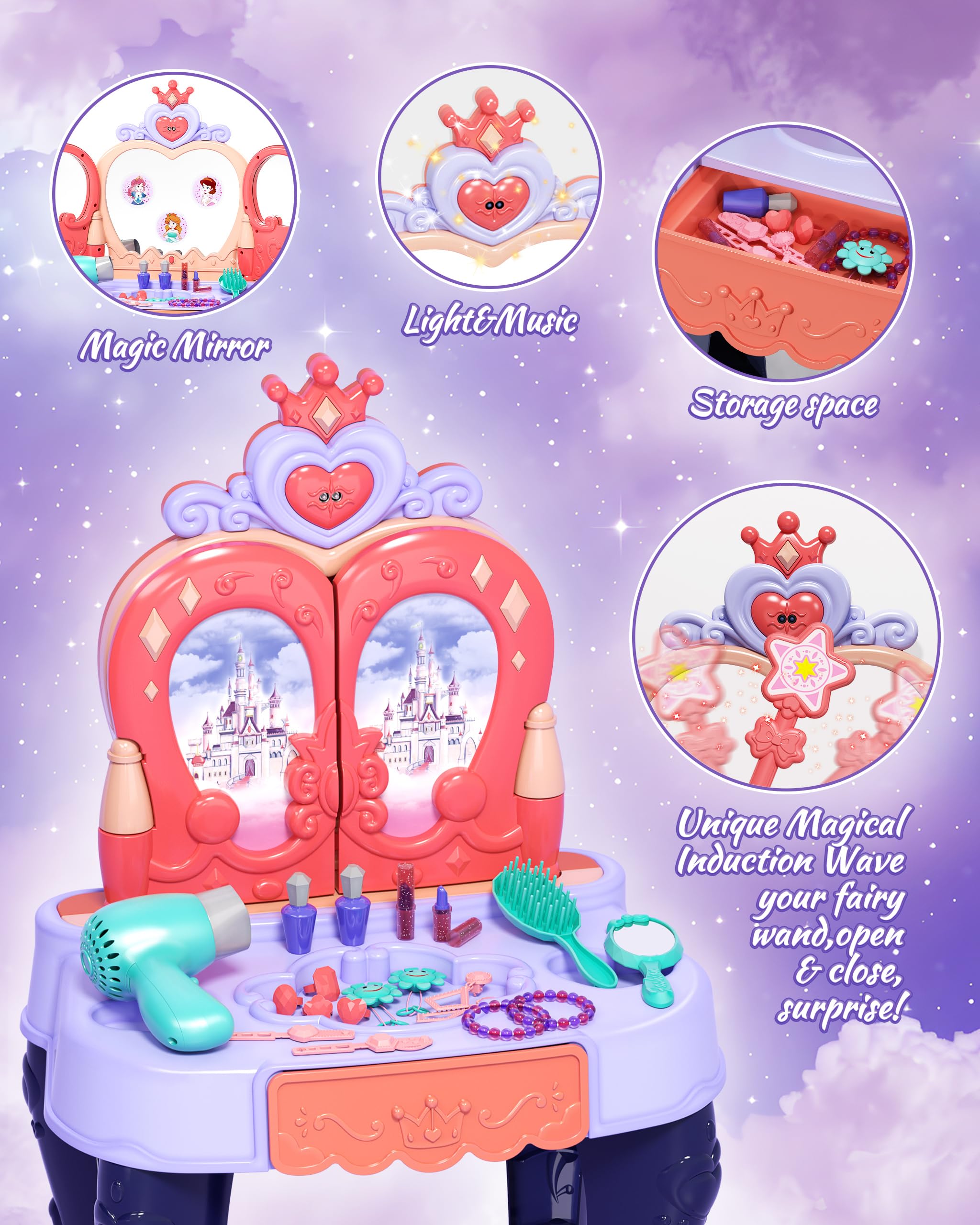 Eohemeral vanity table lights up with music for magical pretend makeup moments.
