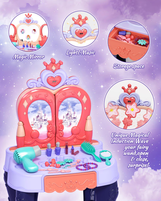 Eohemeral vanity table lights up with music for magical pretend makeup moments.