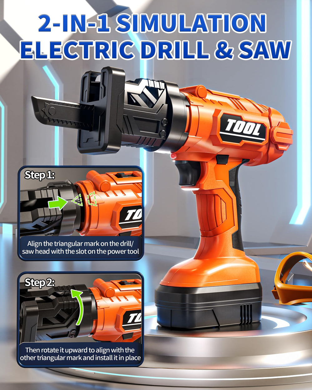 Eohemeral 2-in-1 drill and saw heads for realistic toy projects.