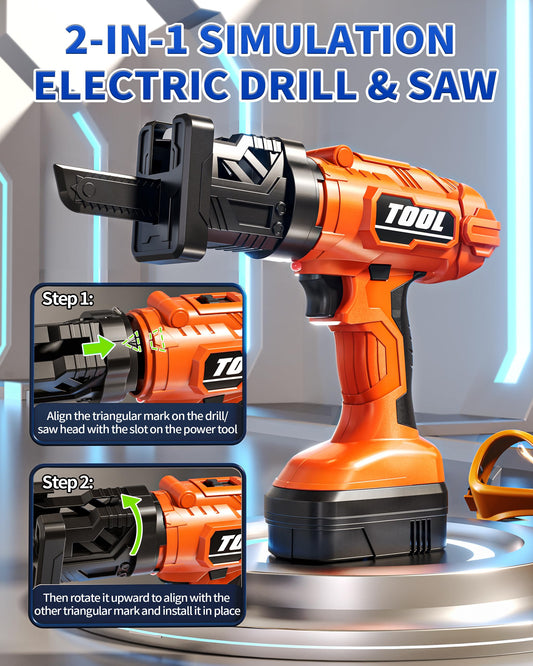 Eohemeral 2-in-1 drill and saw heads for realistic toy projects.