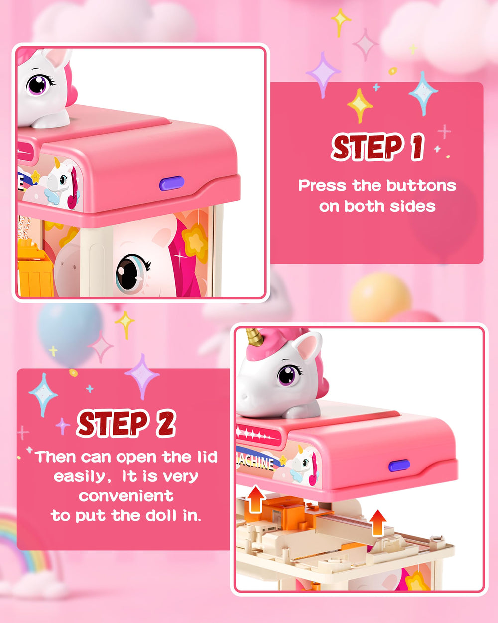 Eohemeral Unicarns claw machine showing three control levers for precise, easy operation.