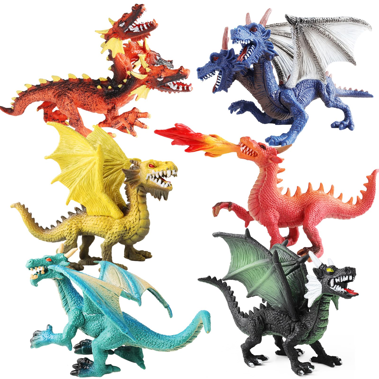 EOIVSH dragon toy figures, front view six-pack for imaginative play and display.