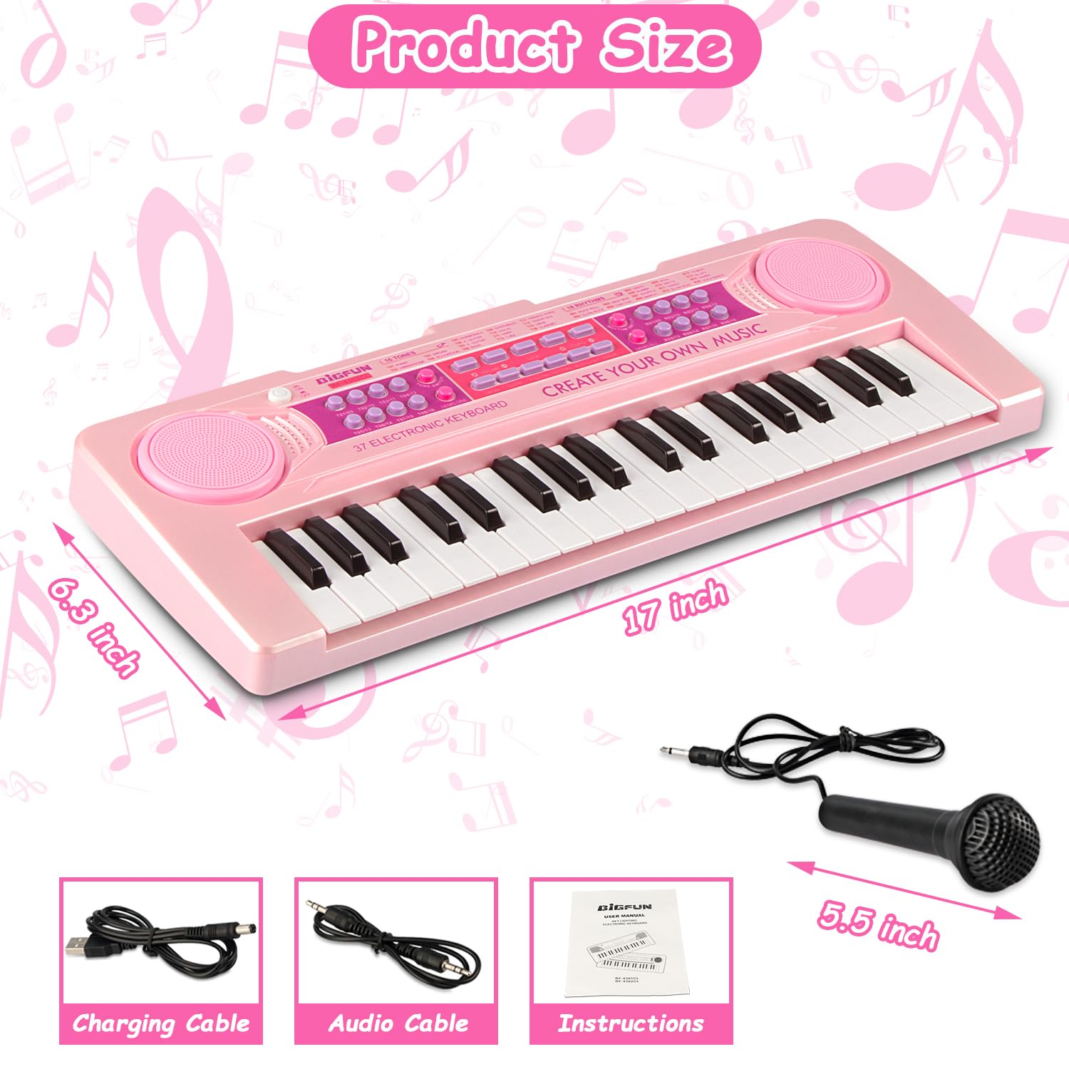 EOOLEOW pink kids keyboard with detachable microphone for sing along practice