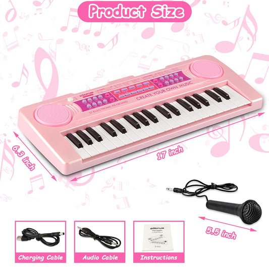 EOOLEOW pink kids keyboard with detachable microphone for sing along practice