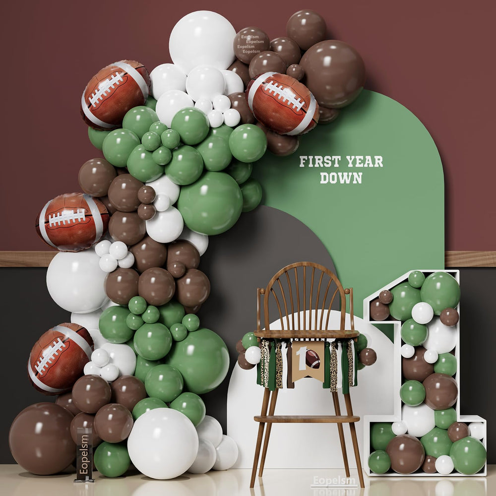 Eopelsm football balloon-arch kit in sage green and coffee brown for bold game-day decor