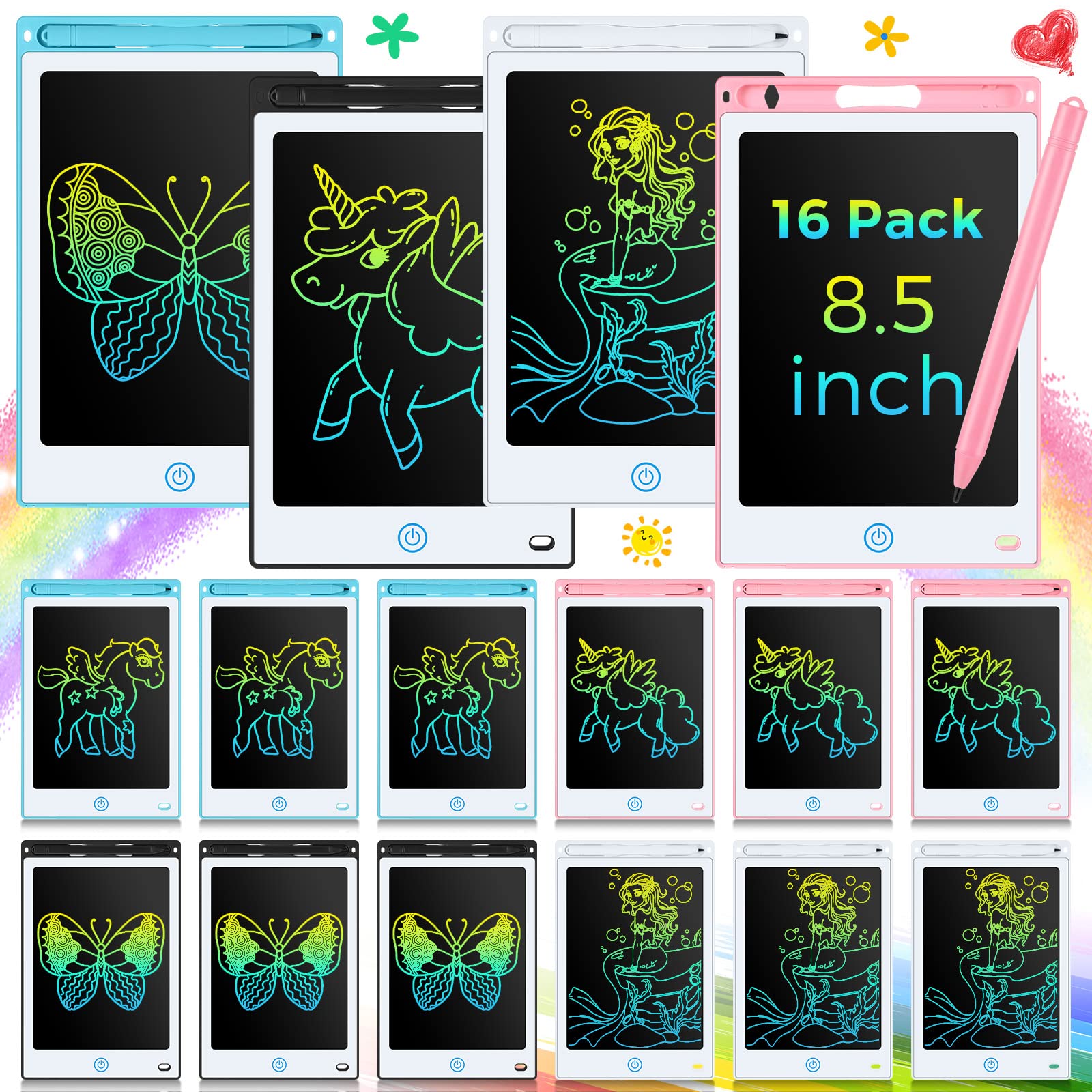Epakh 16-piece kids LCD writing tablet front view, ideal classroom and party favors.