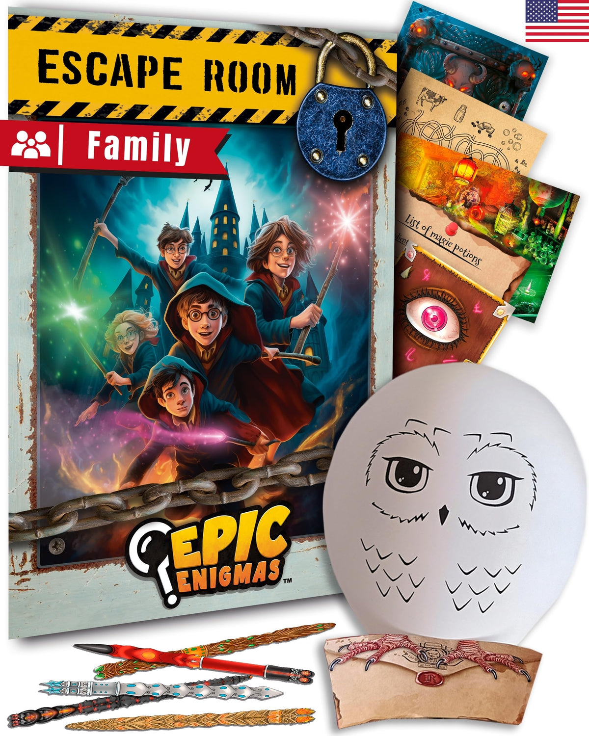 EPIC ENIGMAS Harry Magic Escape Room setup invites family engagement and curiosity.