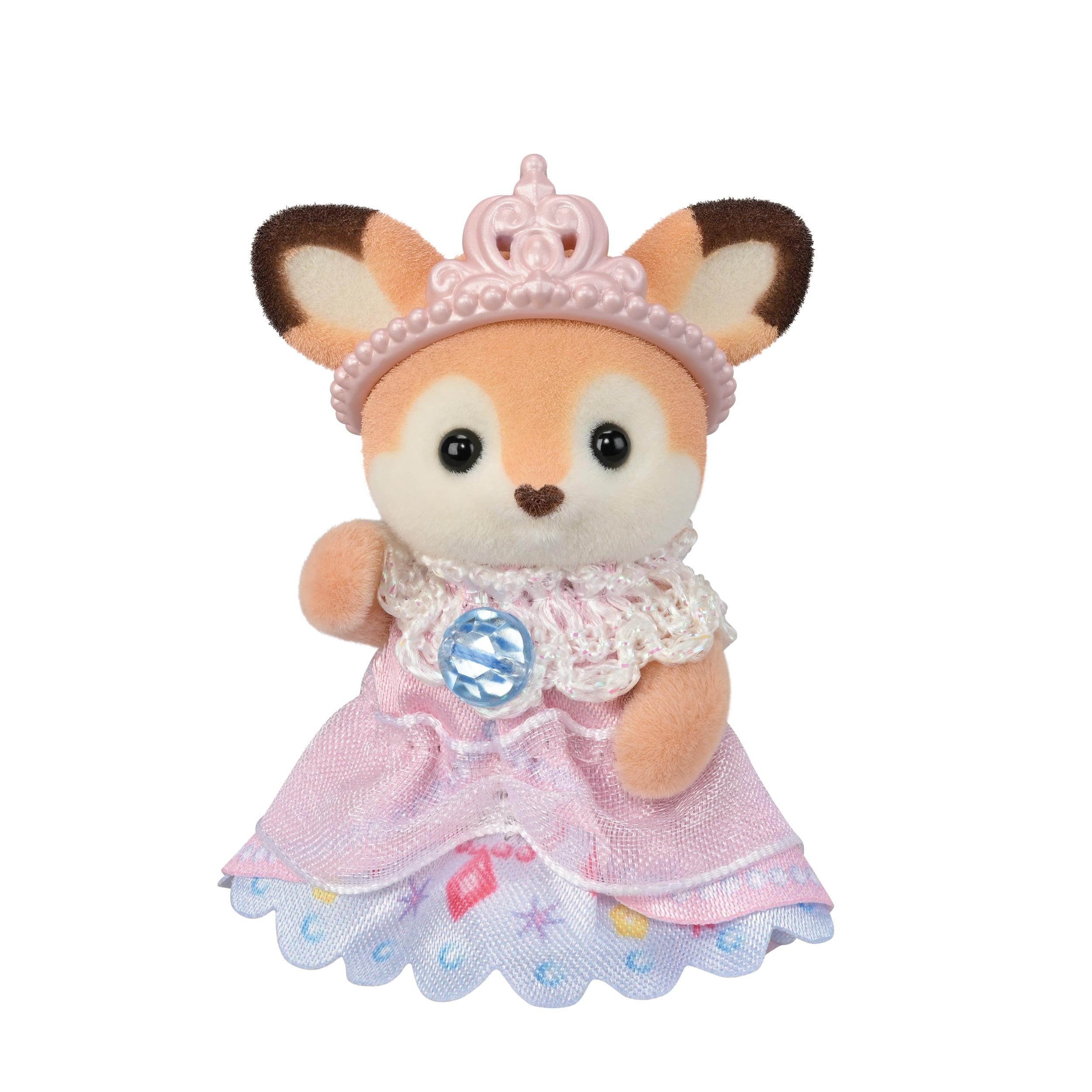 Epoch Sylvanian Families Silk Cat Baby Gilly in charming outfit for role-play adventures.