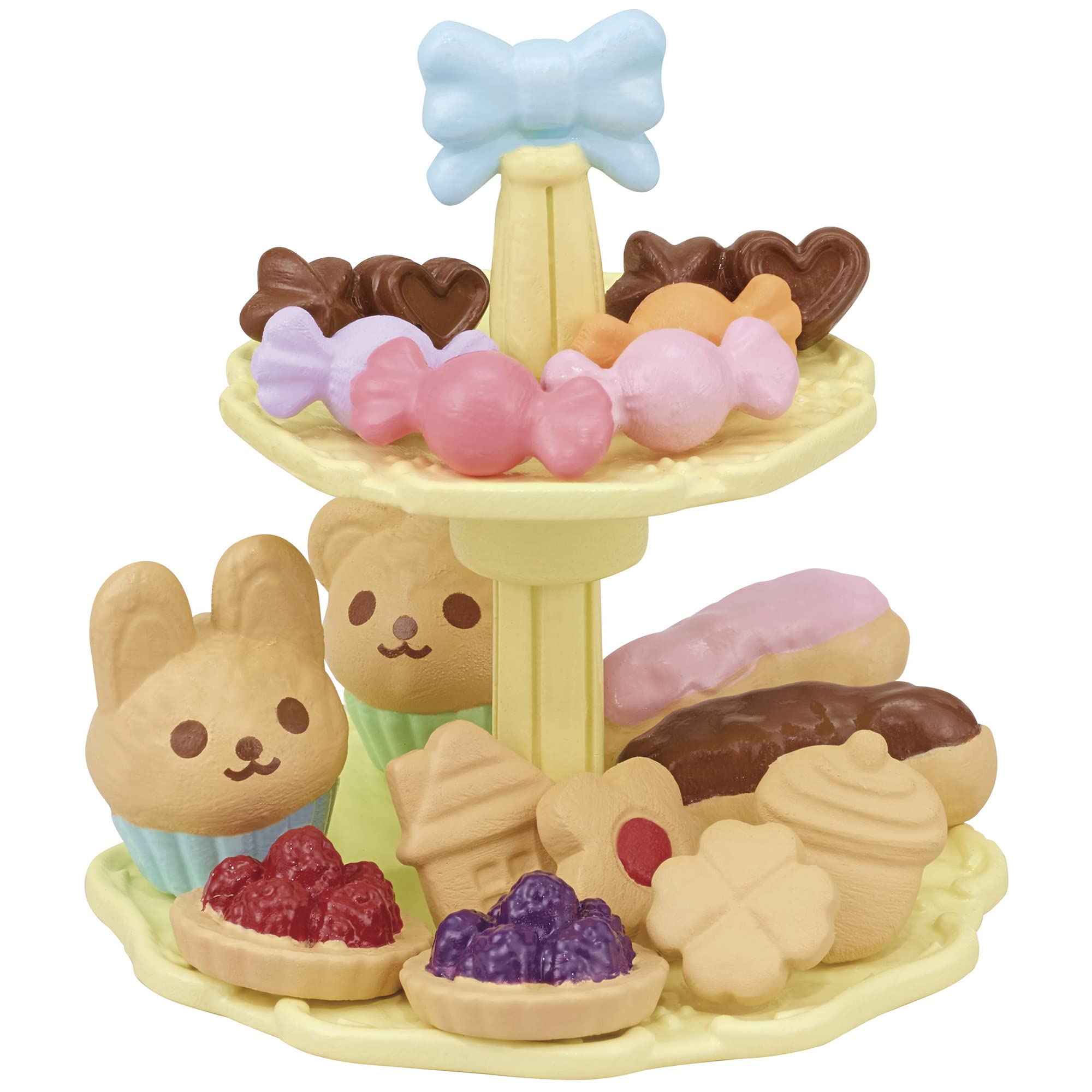Cookies, cakes, and candies create delightful mini desserts for pretend gatherings.