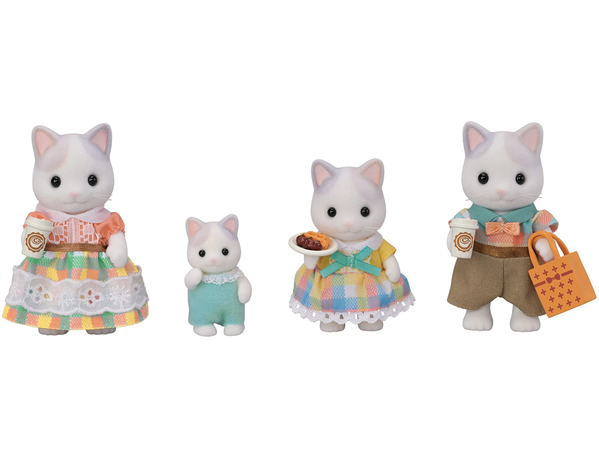 Epoch Sylvanian Families Latte Cat Dad doll holding a cup for pretend tea time.