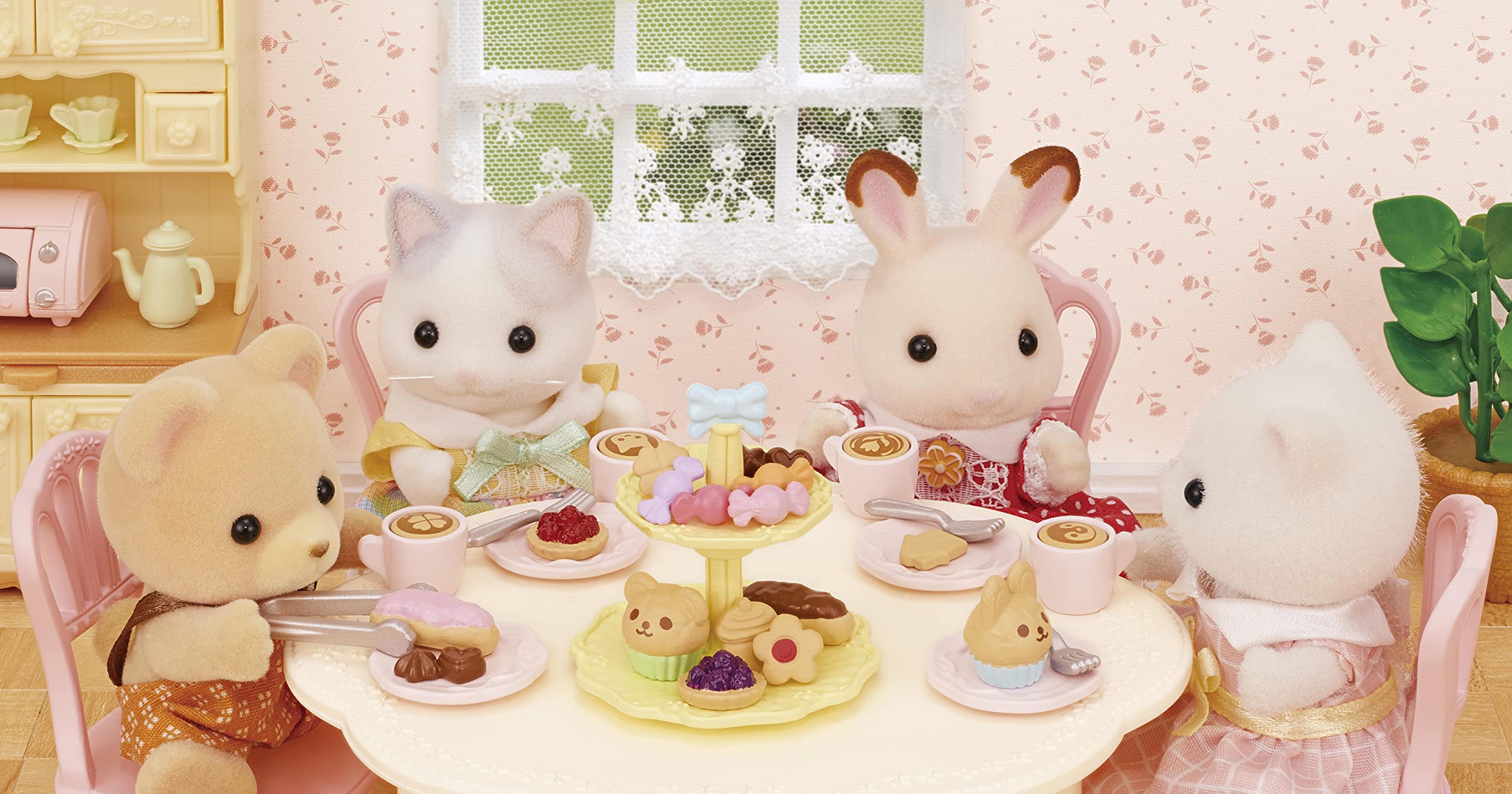 Table and four chairs provide a complete play dining area for Sylvanian figures.