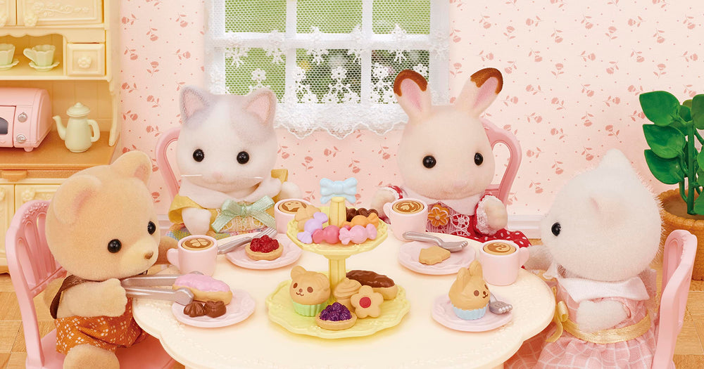 Table and four chairs provide a complete play dining area for Sylvanian figures.