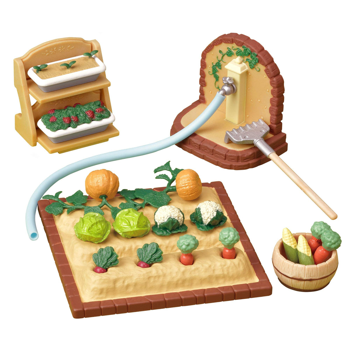 Epoch Sylvanian garden set vegetables in a brick-field scene for imaginative play