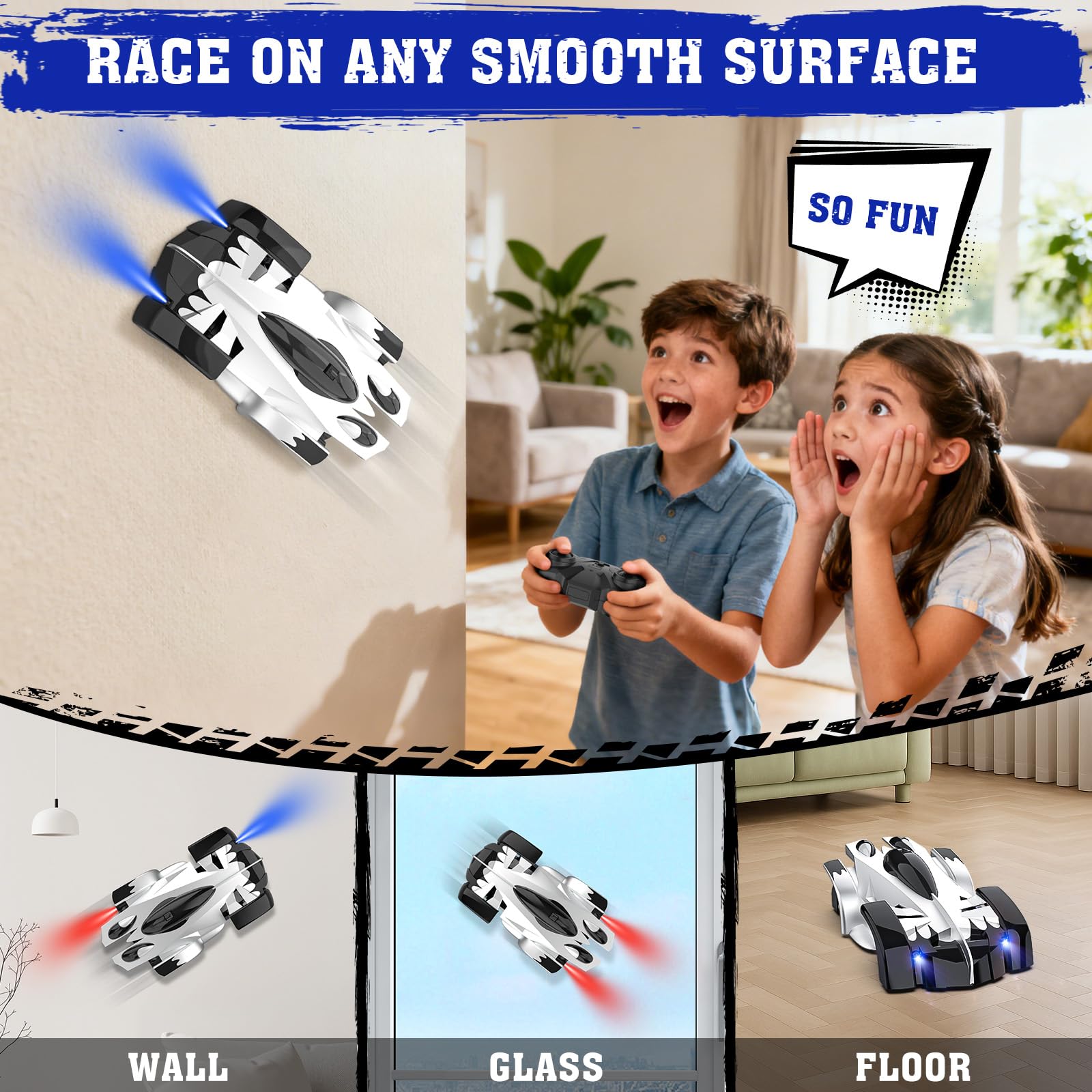 EpochAir 360-degree rotating LED car with lights for immersive steering.
