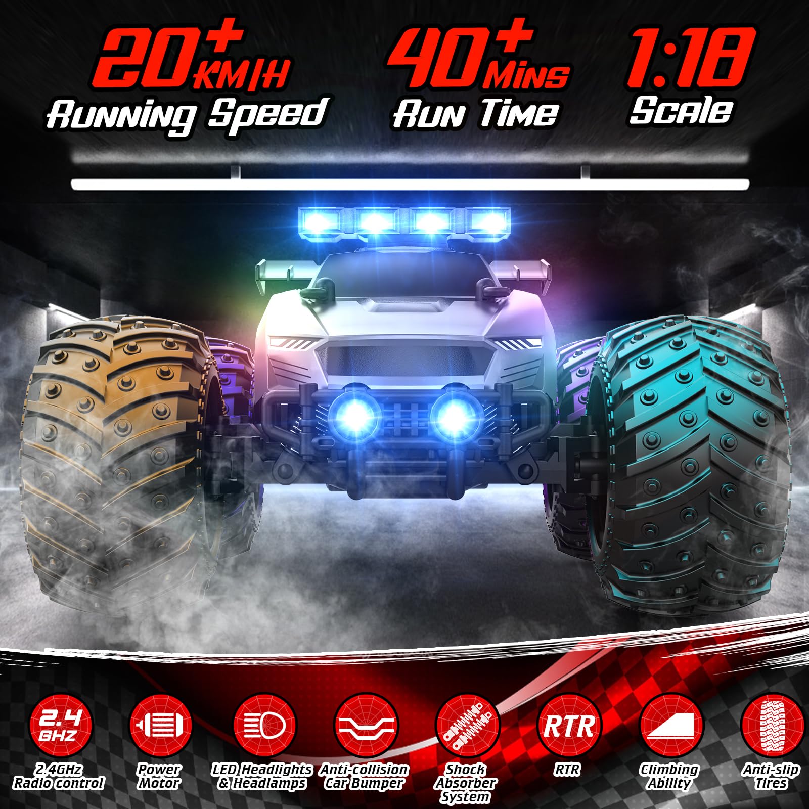 EpochAir RC car with LED headlights ready for nighttime visibility
