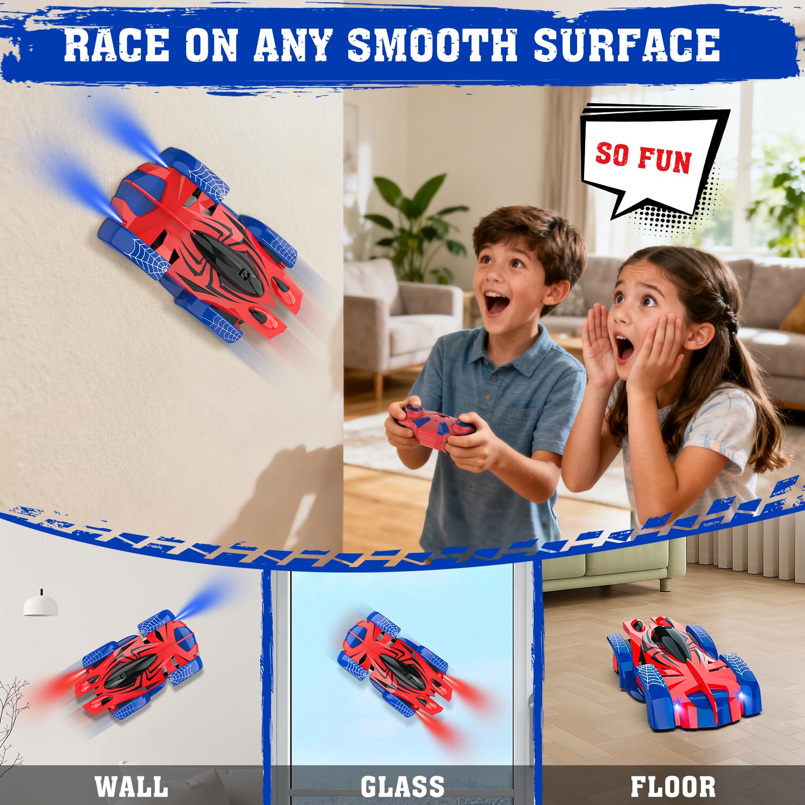 EpochAir wall climbing car red side view highlights compact design for wall and floor play