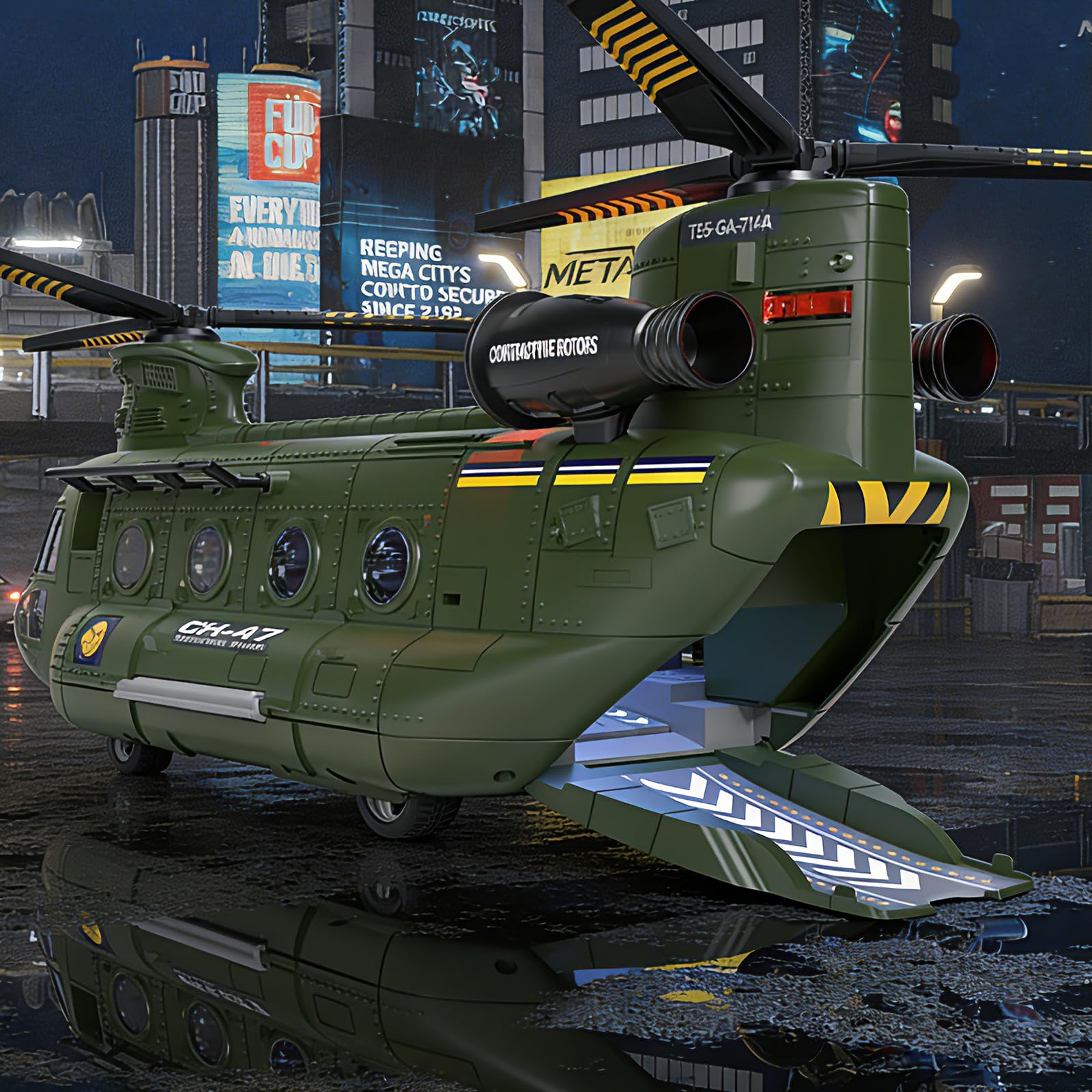 EPPO helicopter cargo bay with ejection launches four metal vehicles during pretend missions