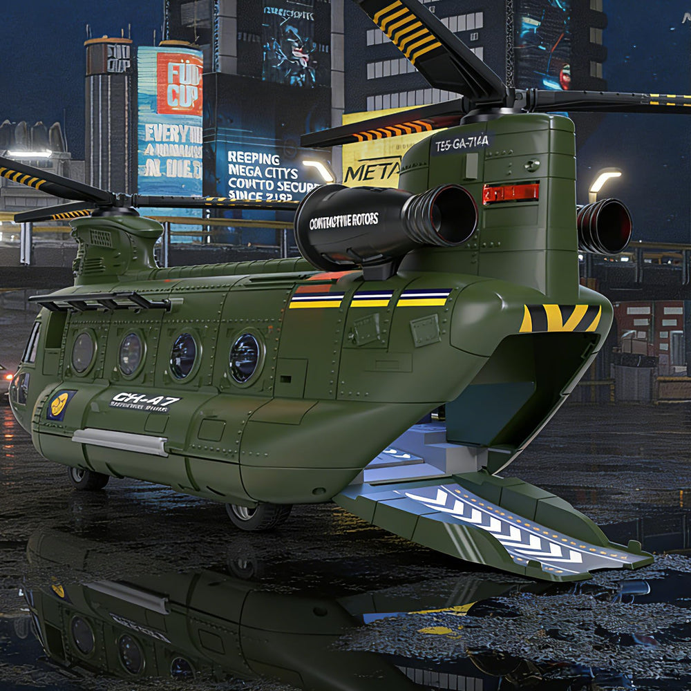 EPPO helicopter cargo bay with ejection launches four metal vehicles during pretend missions