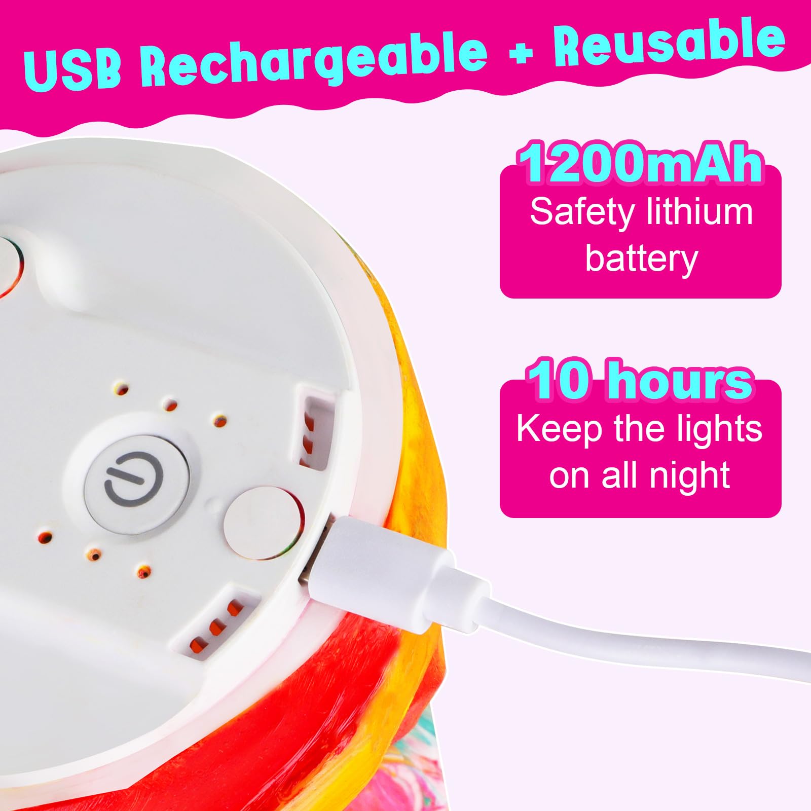 EPUMP USB charging cable powers the lamp between decorating sessions