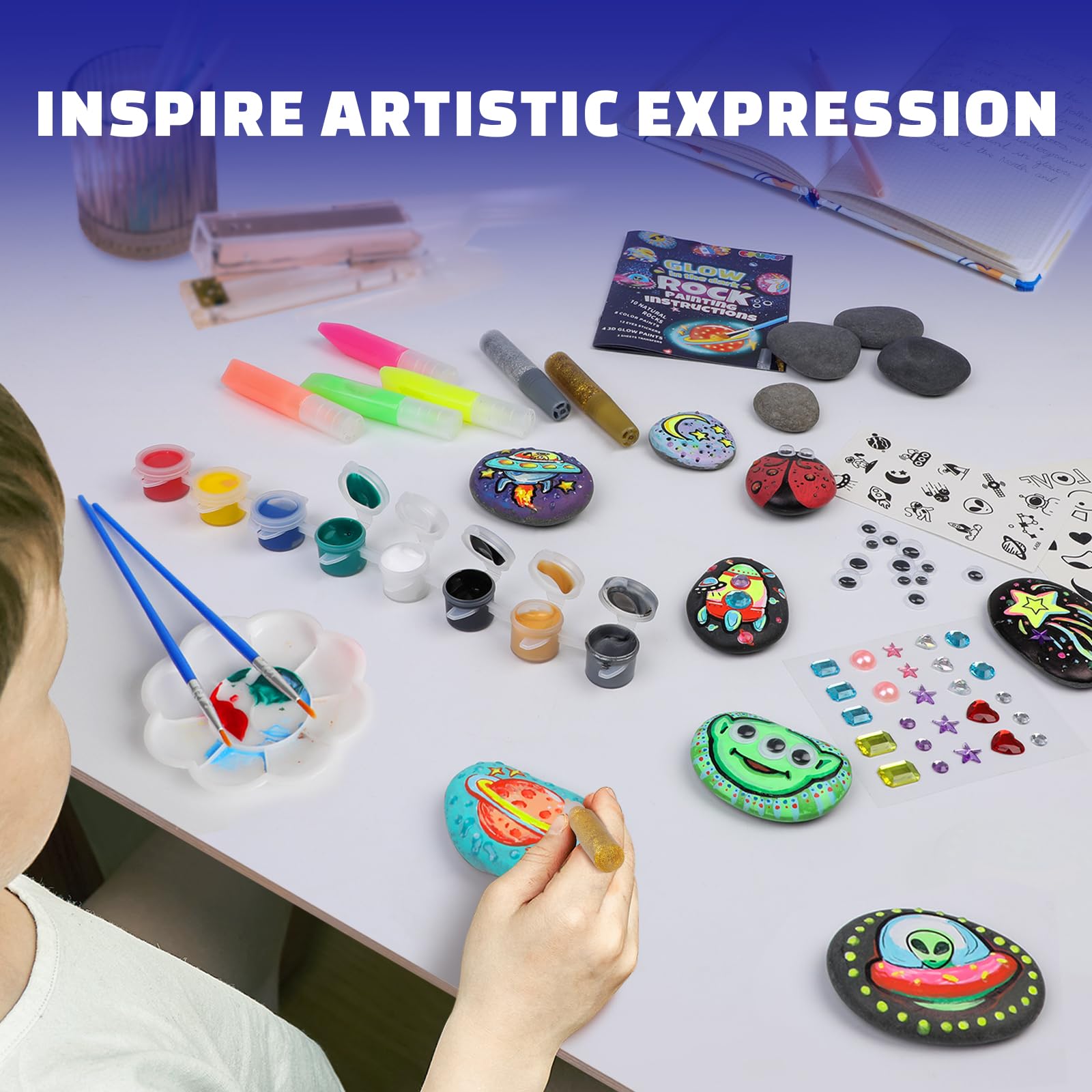 EPUMP glitter glues sparkle on painted rocks.