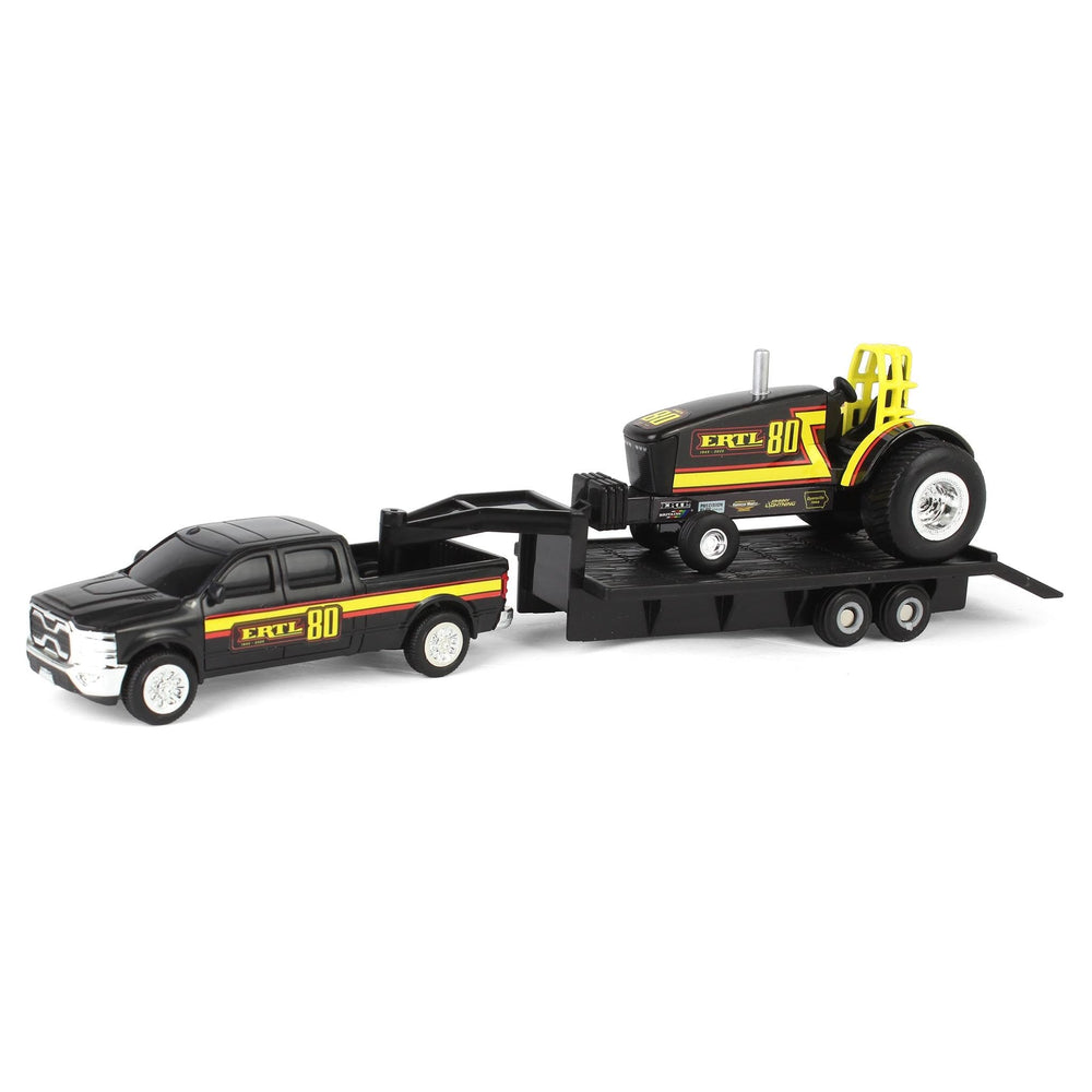 ERTL 80th Anniversary pulling tractor with trailer for immersive play and display.
