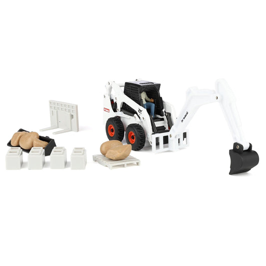 ERTL Bobcat Skid Steer interchangeable attachments: bucket, forks, and boom arm