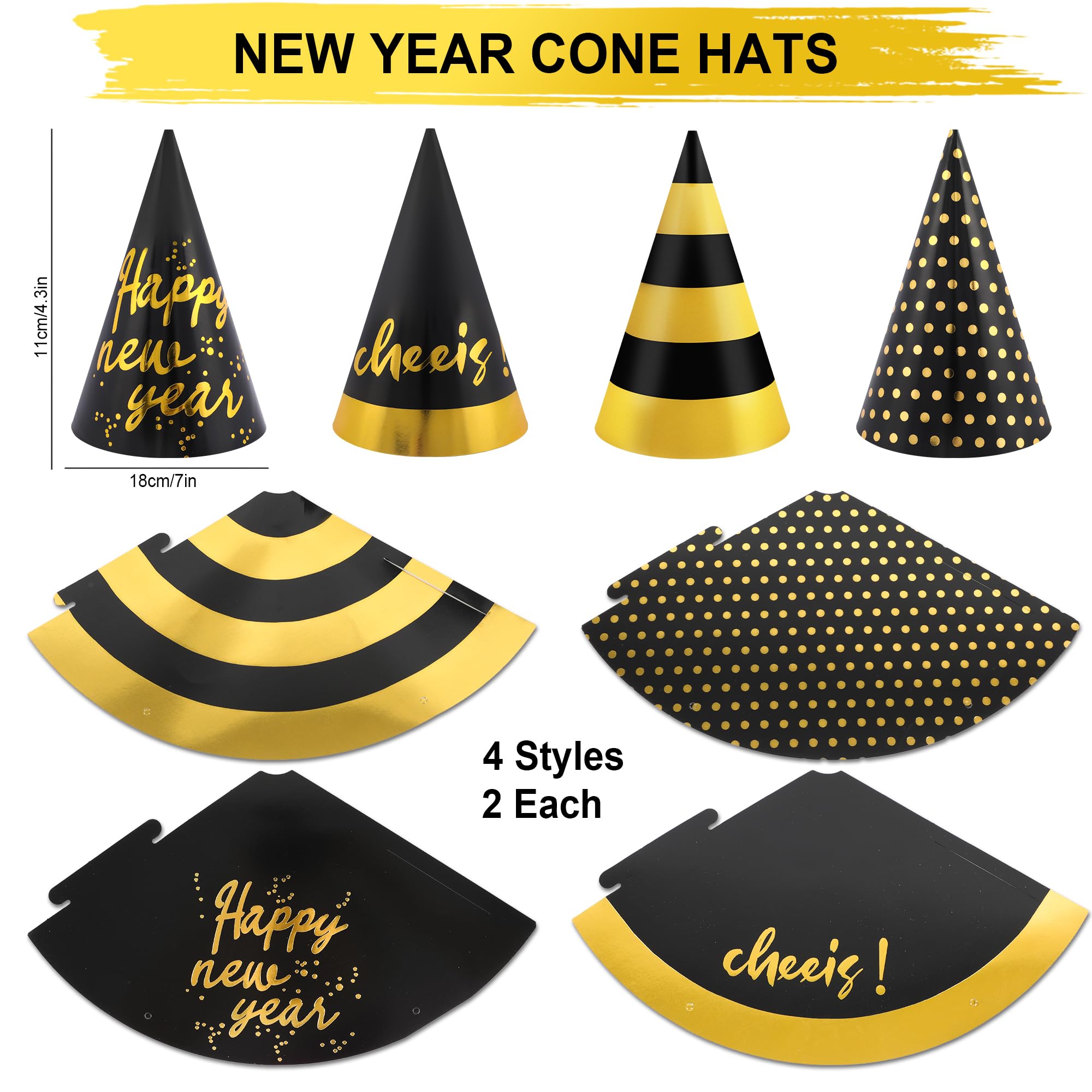 Erweicet New Year cone hat in black gold silver for chic countdown