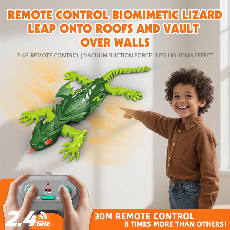 eryxo Wall Crawler Lizard with LED eyes glows during playtime for visibility.