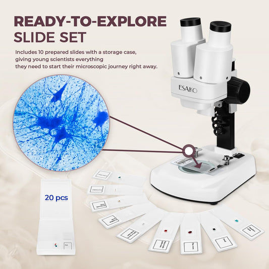 ESAKO microscope offering 20x and 50x magnification for detailed close-ups