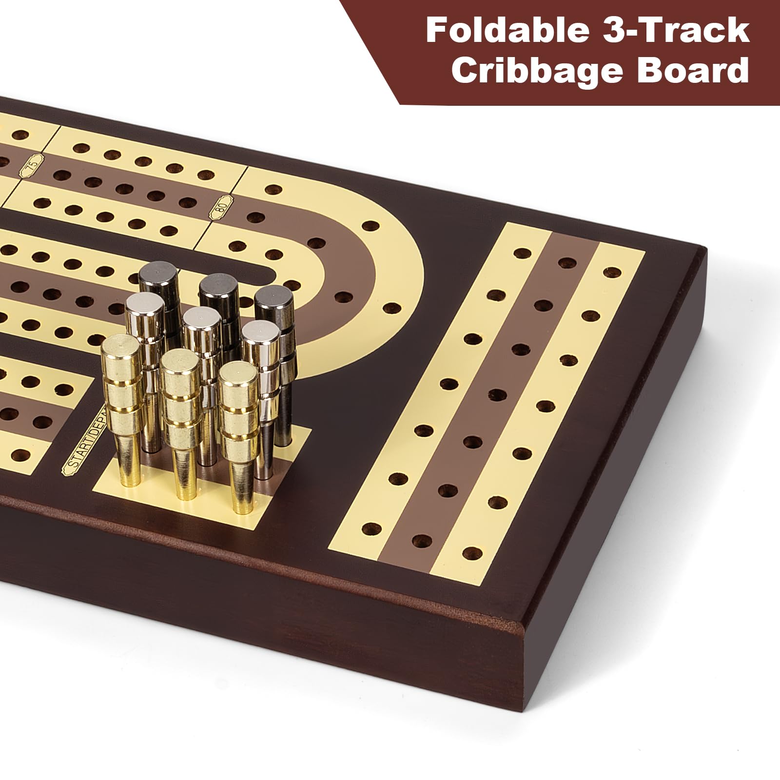Esenharber cribbage board with magnetic closure keeps parts secure.
