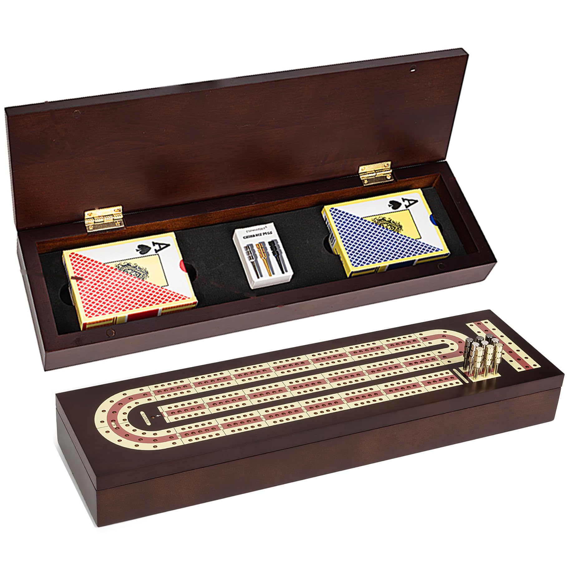 ESENHARBER cribbage board with magnetic lock secures contents for travel