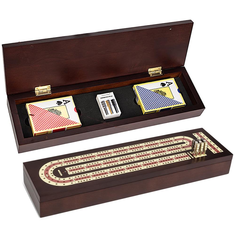 ESENHARBER cribbage board with magnetic lock secures contents for travel