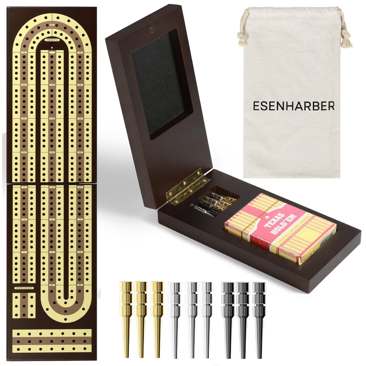 Esenharber foldable cribbage board with magnetic closure for secure travel and storage.