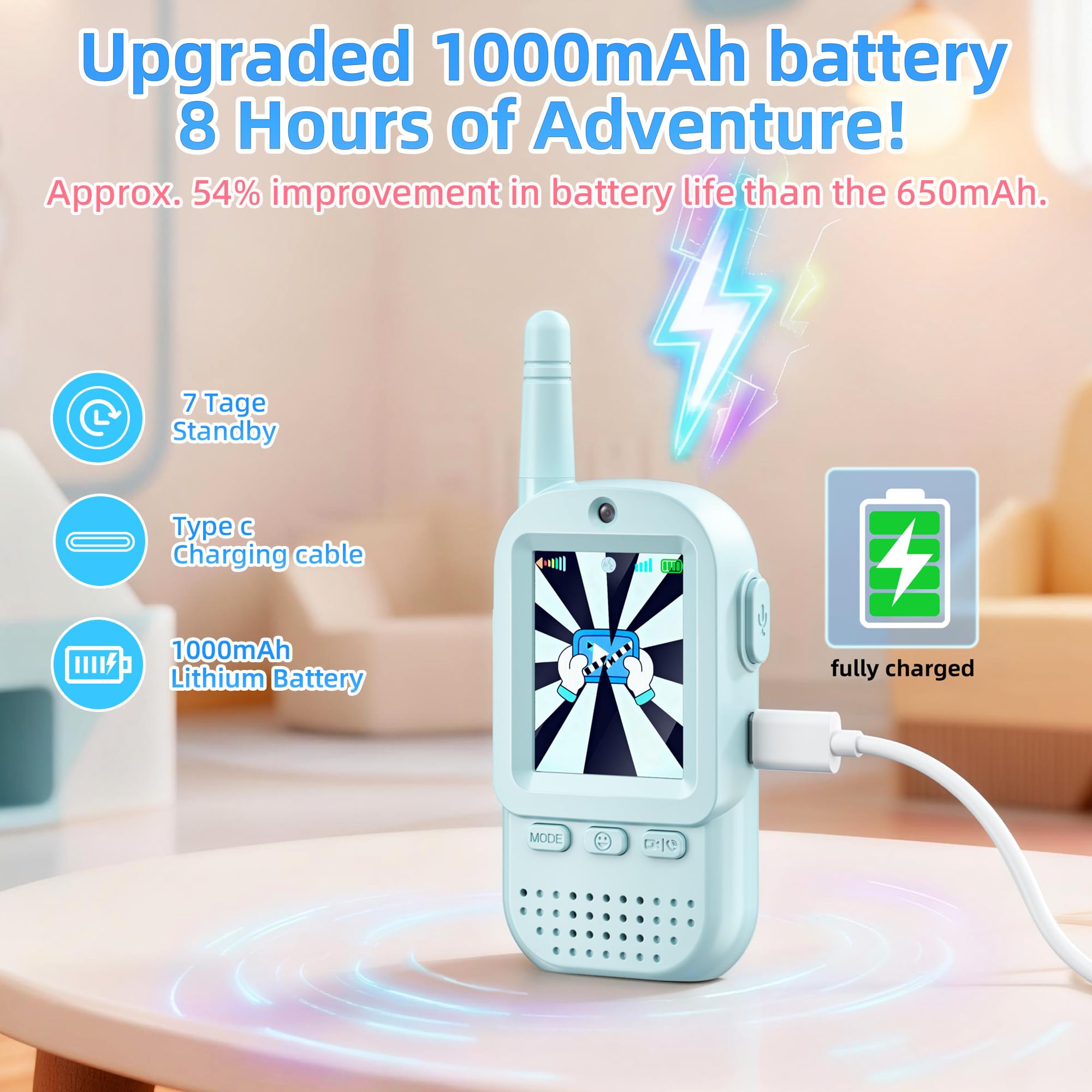 ESIYTGOP video walkie talkies kids 2-pack rechargeable battery for long sessions.