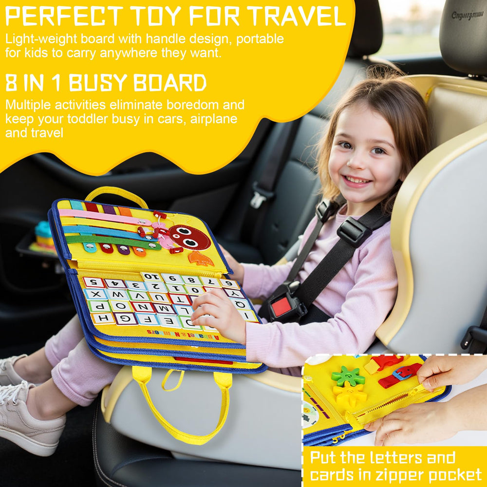 Esjay Busy Board features a convenient handle for easy car trips.