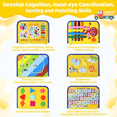 Esjay Busy Board uses soft fabric for safe, portable travel play.