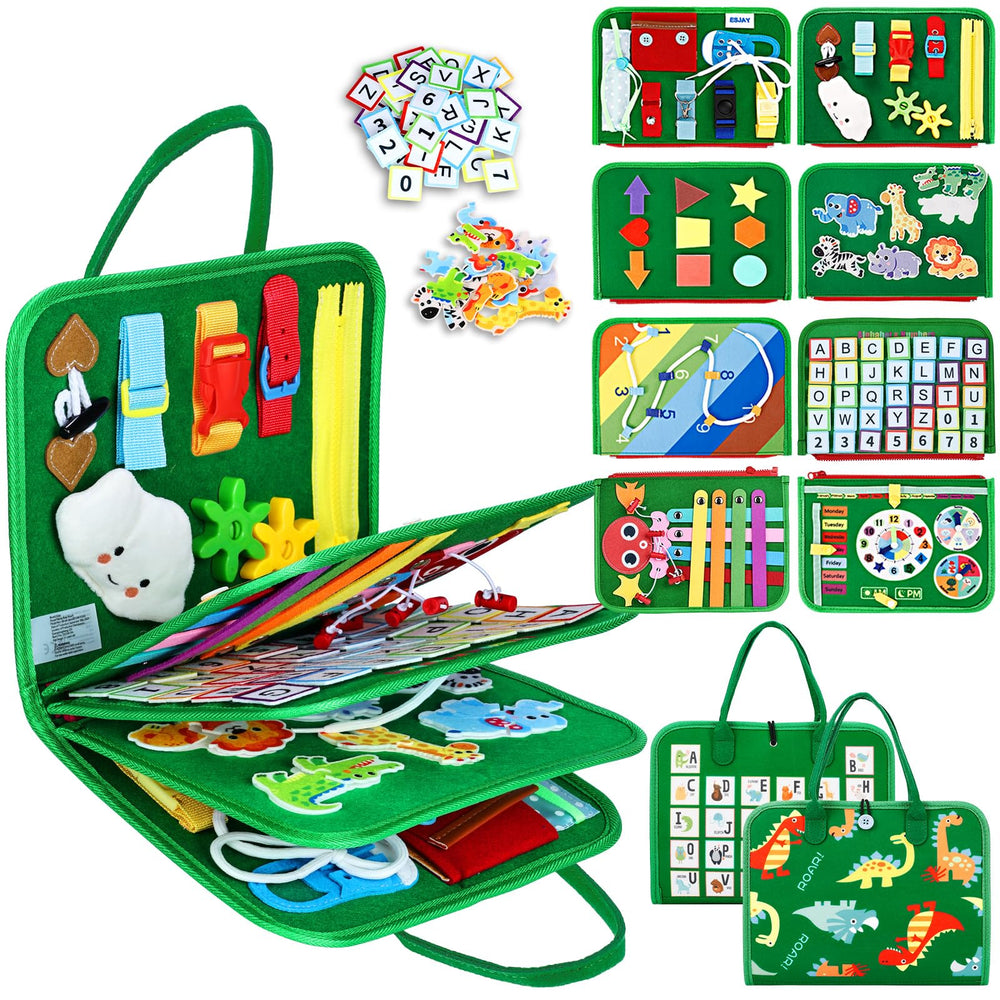 Esjay green dinosaur busy board activity engages toddlers with hands-on sensory play.