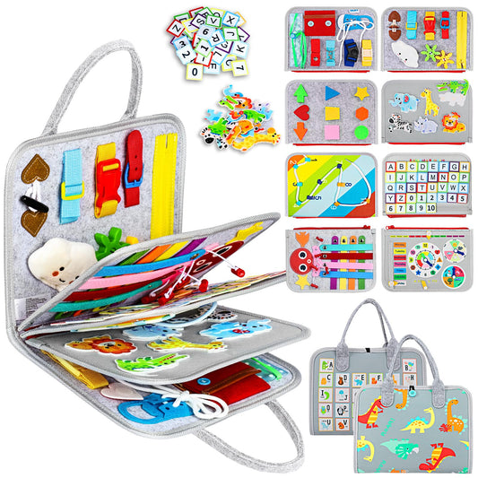 Esjay Toddler Busy Board dinosaur cover page for tactile exploration and imaginative play.