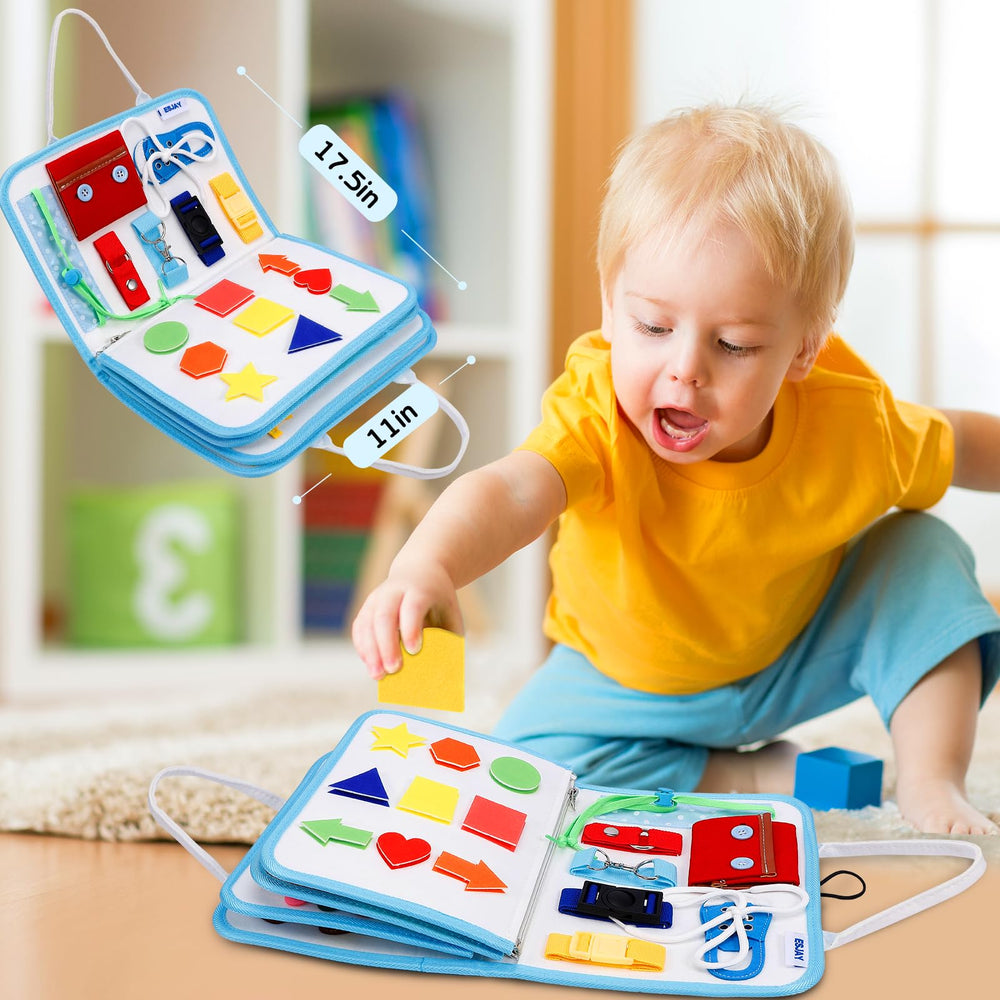 Esjay Toddler Busy Board shapes threading page enhances hand-eye coordination through matching tasks.