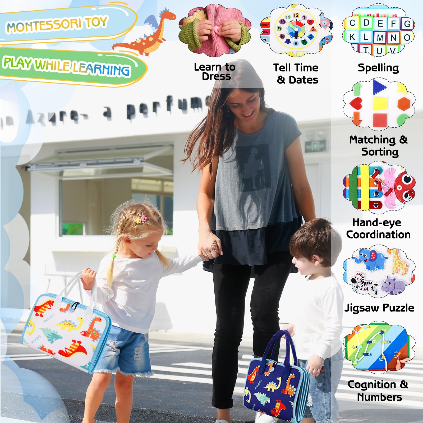 Esjay Toddler Busy Board travel-friendly design with handle supports quiet play on trips.