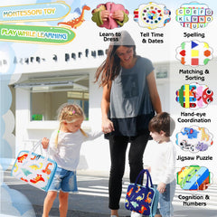 Esjay Toddler Busy Board travel-friendly design with handle supports quiet play on trips.