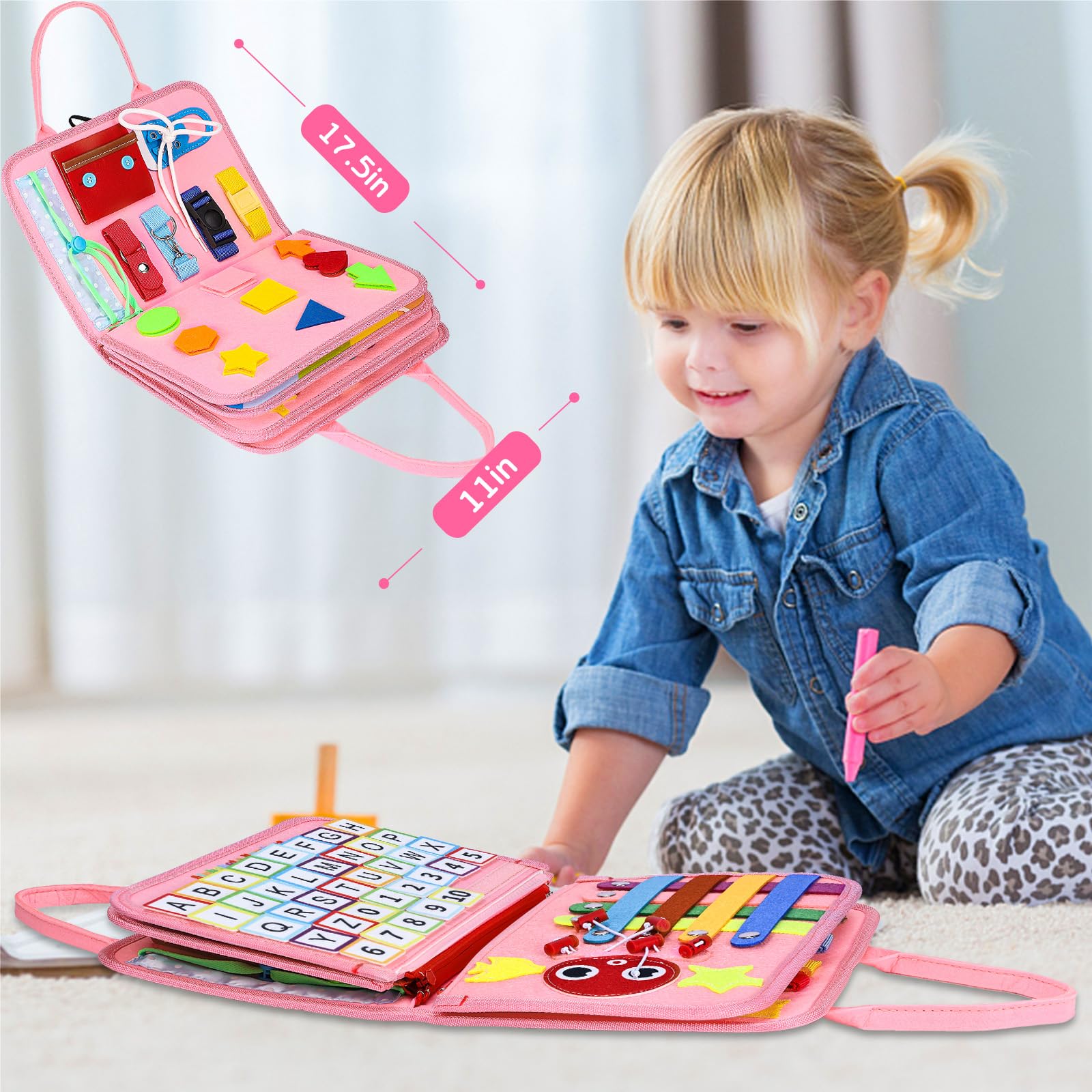 Esjay Busy Board hook-and-loop letters page promotes early spelling familiarity