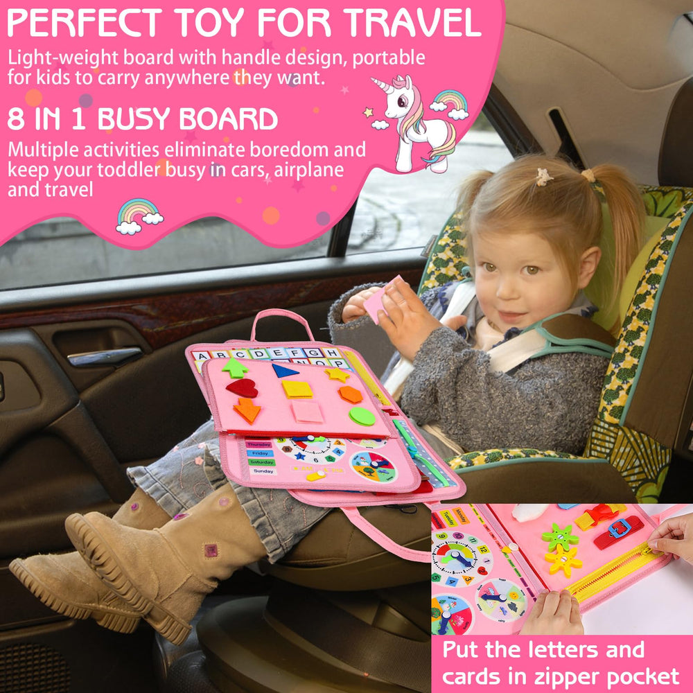Esjay Busy Board threading numbers page encourages hand-eye coordination